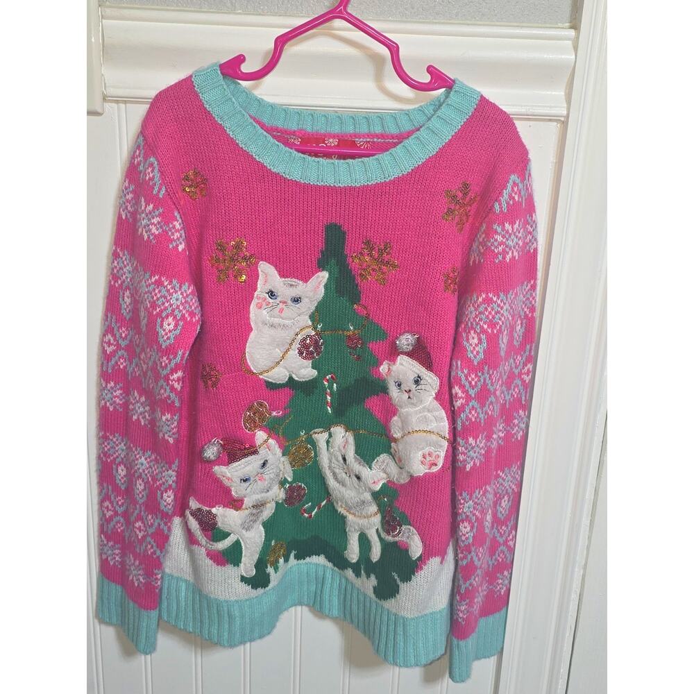 33 Degrees Youth M (8) Christmas Tree and Kittens Cats Sweater